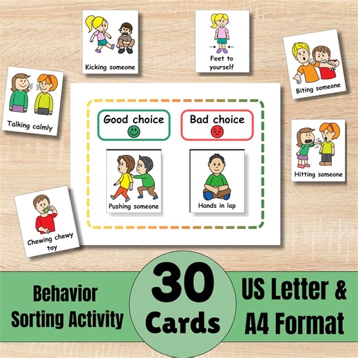 Printable Behavior Sorting Activity, Good Choice vs Bad Choice, Classroom Behavior Management, Social Skills Task Cards, Speech Therapy, ABA