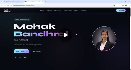 #portfolio #tapacademy #java #fullstackdevelopment #webdevelopment #learningjourney #freshers #careergrowth #programming | Mehak Bandhral