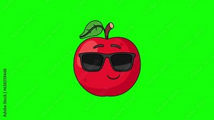 apple fruit emoji cartoon smiling face with sunglasses, emoticon animation