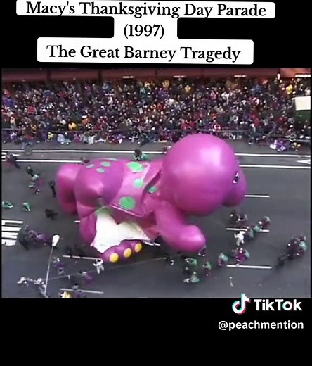 Macy's Thanksgiving day Parade (1997) The Great Barney Tragedy #macysthanksgivingdayparade #1997 #tragedy #barney #barneythedinosaur #onthisdayinhistory #childhoodmemories #90skids #thanksgiving #80sbaby #retro #fyp #fypシ #nostalgia #history