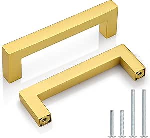 Probrico Gold Cabinet Handles 3-3/4 Inch(96mm) Hole Centers Drawer Pulls Stainless Steel Kitchen Cabinet Handles Golden Square Drawer Handles Modern Cabinet Hardware 5 Pack