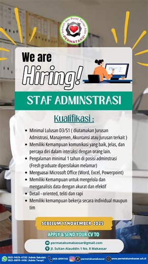 Sekolah & Pusat Terapi Anak Berkebutuhan Khusus (ABK) Permataku on Instagram: "📌 WE' RE HIRING! 📢 Staf Adminstrasi Kualifikasi : - Minimal Lulusan D3/S1 ( diutamakan Jurusan Admistrasi, Manajemen, Akuntansi atau Jurusan terkait ) - Memiliki Kemampuan komunikasi yang baik, Jelas, dan percaya diri dalam interaksi dengan orang lain. - Pengalaman minimal 1 tahun di posisi adminstrasi (Fresh graduate dipersilakan melamar) - Menguasai Microsoft Office (Word, Excel, Powerpoint) - Memili
