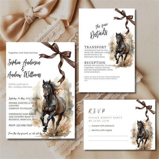Rustic Western Wedding Invitation Set, Horse Wedding Invite, Ranch Wedding Suite, Country Wedding Template, Editable Invite Bundle
