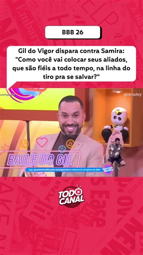 Sem filtro! 👀 Gil do Vigor questionou diretamente a estratégia de Samira e fez uma crítica pesada ao jogo da sister. 😬💥 “Como você vai colocar seus aliados, que são fiéis a todo tempo, na linha do tiro pra se salvar?” 🤯🔥 A fala repercutiu e levantou dúvidas sobre lealdade e estratégia dentro do BBB26! #bbb26 #realityshow #samira #gildovigor #todocanal