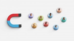 Customer acquisition. Business lead, Inbound marketing, customer retention, marketing segmentation, customer centric strategies. 3D magnet attract audience. 4K 3D animation. Trim first 3 sec for loop