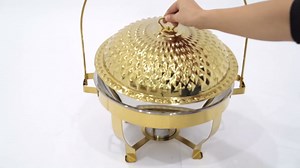 Chafing Dishes for Buffet Set of 4, 8.5Qt /8L Stainless Steel Round Buffet Chafer, Gold Hanging Lid Dining Stove, Buffet Server and Warmer Set, Countertop Warming Tray for Parties, Dishwasher Safe