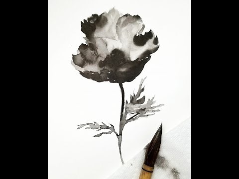 Sumi ink poppy flower demonstration painting/beginner how to video/flower painting tutorial
