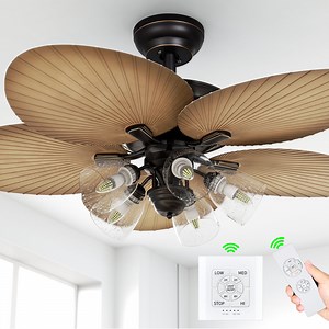 Dextrus 52in Tropical Ceiling Fans with Light and Remote, 5 Palm Leaf Blades, 3 Speed, Timer - Black & Brown