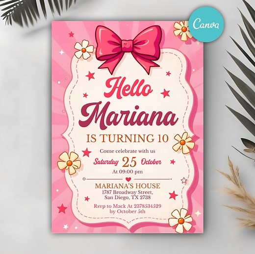 Editable Cute Kitty Birthday Invitation, Pink Party Card, Kitty Girls Printable Invite, Digital Hello Theme, Canva Template - Etsy