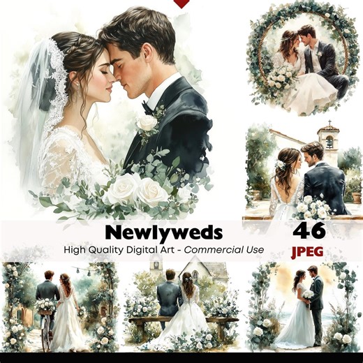 Wedding Couple Clipart Clip Art, Newlywed Bride and Groom Illustrations, Romantic Floral Wedding Scenes, JPEG Digital Download - Etsy