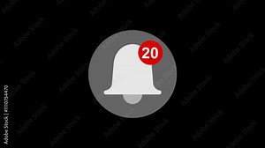 animated bell notification with counter number from 1 to 99. animation footage video isolated on alpha channel(transparent) background.