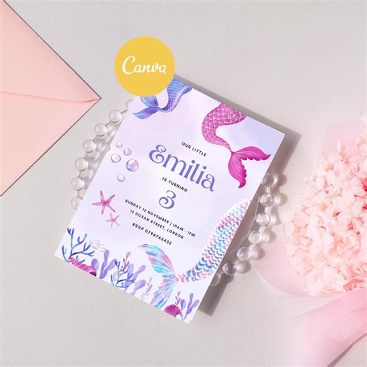 Mermaid Birthday Invitation | Under Sea Party Invite | Editable Canva Template | 5x7 Printable Card - Etsy