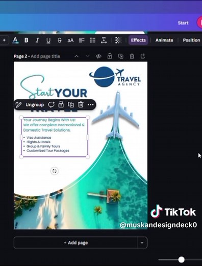 Modern travel agency poster design ✈️ Created in Canva for tourism promotion and travel marketing. Clean layout, bold fonts, and eye-catching elements—perfect for travel agencies, visa services, flights, and tour packages Design Elements Used: • Circle shape • Circle with stroke • Drop shadow (black) • Airplane image • Travel agency logo • Beach & sea background Fonts: Poppins, Nourd travel agency poster canva travel design tourism poster travel reel design poster design canva travel marketing t