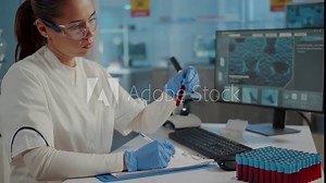 Woman scientist looking at test tube and taking notes in laboratory, working on research for science development. Chemist analyzing flask with liquid and substance for lab experiment at work.