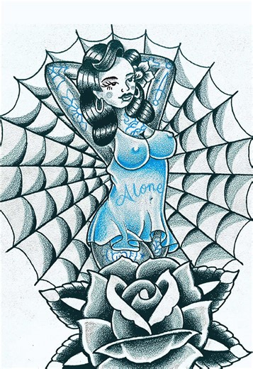 Traditional tattooed pinup spiderweb tattoo design #pinuptattoo #tattoo #fyp #chicano #pinupgirl