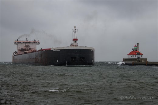 The last day of no snow for Duluth! Burns Harbor arriving with a bit of a Nor'easter! Lake Superior was a little on the grumpy side for the Burns Harbor's 12th arrival of the season November 25, 2025, at 14:12 in the midafternoon. Arriving to load Iron ore Pellets at the CN dock for Indiana Harbor. The Burns sailed upriver, arriving at CN at 15:31 and began loading their ore. 39 hours later November 27 at 06:33 they finished loading and departed the CN dock. They sailed out of Duluth at 07:29 ca
