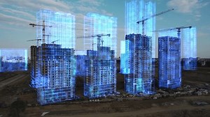 Futuristic construction site with high-rise buildings under development. Holographic 3D models overlay structures, showcasing advanced architectural visualization, digital engineering technology 4k.