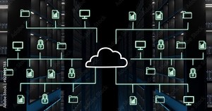 Cloud computing network animation over data center with server racks