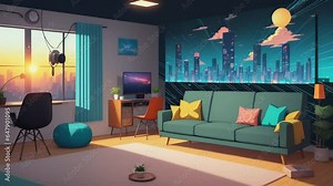 animated virtual backgrounds stream overlay loop interior cozy futuristic living room sunset vtuber asset twitch zoom OBS screen chill l seamless loop. Created using Generative AI Technology