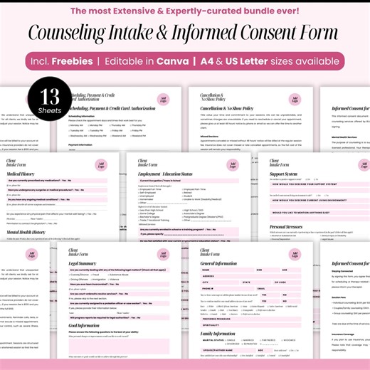 Counseling Intake Form Printable, Informed Consent for Counseling Psychotherapy, Editable Mental Health Intake Form Template Digital, Canva - Etsy