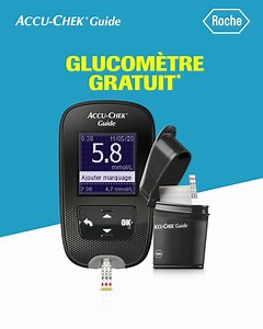 Obtenez votre glucomètre Accu-Chek® Guide GRATUITEMENT* et découvrez le système le plus brillant que nous ayons jamais conçu, incluant une bandelette à conception unique. Une surface d’application plus large pour des tests rapides. | Accu-Chek