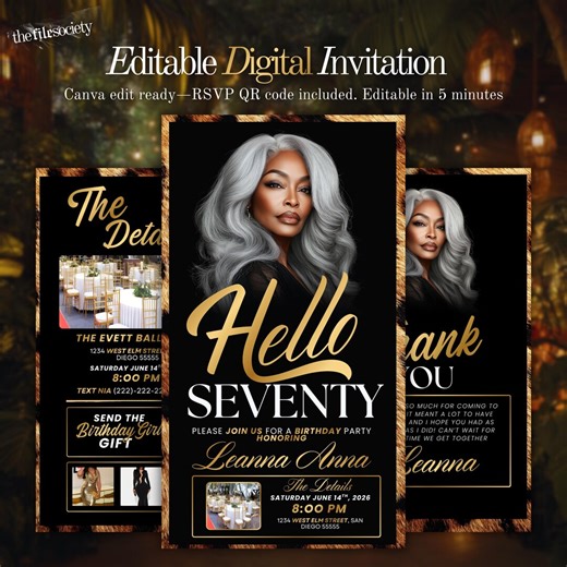 Hello 70th Birthday Leopard Print Invitation, Editable Digital Canva Invite, Adult Wild Animal Dinner Party Bday Gold Evite Template, DIY - Etsy