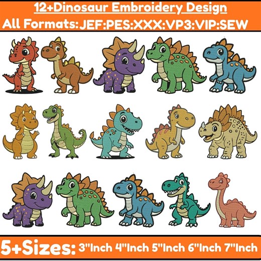 Dinosaur Machine Embroidery Designs T-Rex Dinosaur Embroidery Cute Baby Dinosaur Embroidery Colorful T-Rex Dinosaur Pes File5 Sizes Download