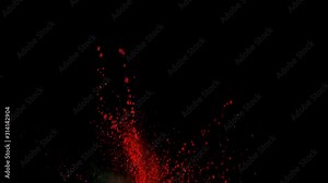 Realistic red powder explosion on black background. Slow motion with acceleration in vertical motion