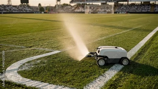 Medium shot highlighting the precise spray application from an autonomous device mapping out corner arcs on a soccer field with an indistinct stadium backdrop.