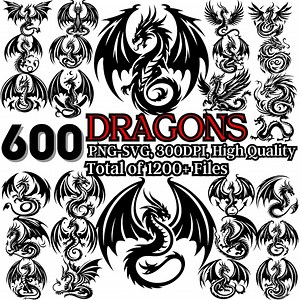 Dragon Tattoo Designs: Tribal & Chinese Clipart (600 PNG SVG Bundle) - Etsy