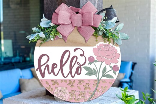 Hello Peony Round Door Hanger SVG File, Hello Door Sign Laser Cut Design, Peony Floral Porch Decor, Layered Spring DIY Wood Sign SVG - Etsy