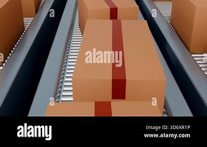 A 3D animation shows a conveyor belt moving boxes, illustrating logistics and supply chain concepts: efficiency, continuous process, and industrial automation.
