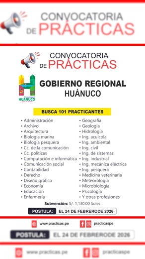 Prácticas Pre y Profesionales on Instagram: "Realiza tus prácticas 2026 en GOBIERNO REGIONAL HUANUCO ✅ Modalidad de Prácticas: Preprofesional y Profesional ✅ Dirigido a las carreras: Administración, Archivo, Arquitectura, Biología marina, Biología pesquera, Cc. de la comunicación, Cc. políticas, Computación e informática, Comunicación social, Contabilidad, Derecho, Diseño gráfico, Economía, Educación, Enfermería, Geografía, Geología, Hidrología, Ing. acuícola, Ing. ambiental, Ing. civil, Ing. de