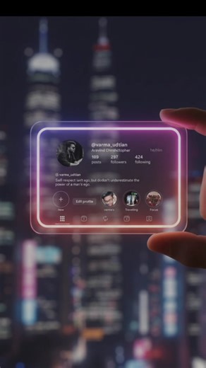 Aravind Chirshtopher Joseph on Instagram: "Create a hyper-realistic 3D render of a futuristic, transparent Instagram profile card. This card should appear as a clear, glossy glass or acrylic rectangle with rounded corners, held gently between two fingers. The edges of the card should glow with a neon gradient in pink, purple, and orange, inspired by the Instagram color palette. The profile information on the card should use modern, minimal sans-serif typography, with all profile details to be so