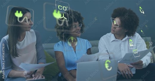 Lead presenting papers and causing energy icons drifting across laptop while team planning CO2 cuts