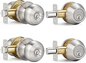2 Sets Entry Door Knob and Single Cylinder Deadbolt Combo Set, Keyed Alike Round Ball Satin Nickel Exterior Door Knobs with Lock and Keys for Entrance and Front Door