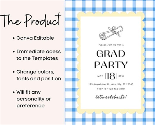 Graduation Party Invitation Template Bundle, Editable Grad Party Invite, Printable Digital Download, Gingham Scallop Design, Canva Template - Etsy