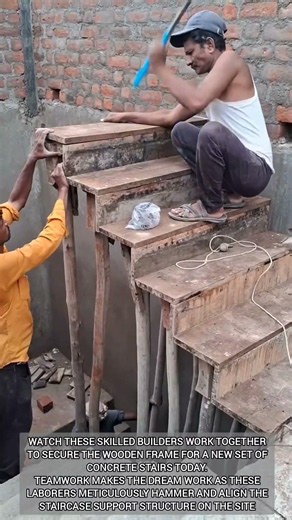 Expert Construction Workers Building Sturdy Wooden Concrete Staircase