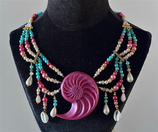Queen Conch Triple Stranded Mermaid Necklace | Pink, Aqua and Gold | Swimmable Accessory | Merfolk, Fantasy, LARP & Renfaire Costume Piece - Etsy