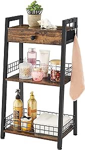 Gewudraw 3-Tier Ladder Shelf with Drawer, Bathroom Table Stand for Small Space, Bathroom Standing Shelves with Storage for Living Room Bedroom Kitchen, Organizer Shelf, Rustic Brown
