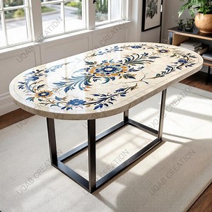 Handcrafted White Marble Oval Dining Table: Pietra Dura Inlay - Etsy