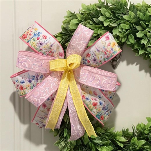 Spring Floral Door Bow, Pink & Yellow Decorative Wreath Bow, Cottage Farmhouse Spring Home Decor - Etsy