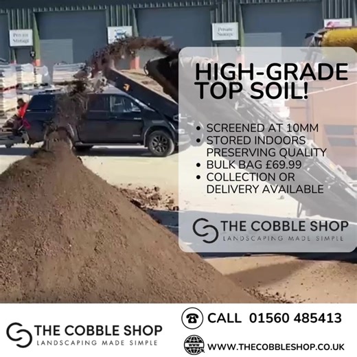 23 reactions · 3 comments | Are you looking for HIGH-GRADE TOP SOIL for your next project? We have the solution for you with high quality pre screened top soil available direct from our warehouse. Collection or delivery available. Prices start from £69.99 per bulk bag! For this and more aggregates visit our website today ⬇️ https://thecobbleshop.co.uk/ | The Cobble Shop | Facebook
