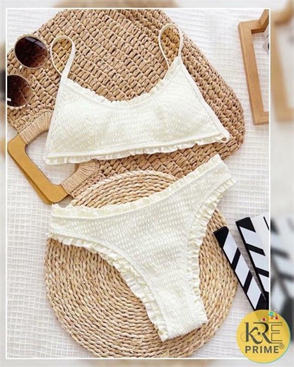 KRE Prime Women Frill Textured Spaghetti Strap Two-Piece Swim Set