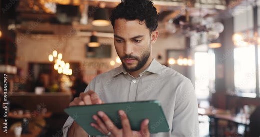 Reading, check and man in cafe with tablet, website review and inventory management with sales track. Hospitality, stock checklist and owner with tech, online order or menu update on restaurant app.