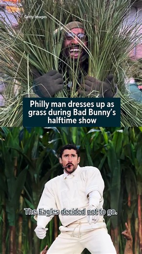 CBS Philadelphia on Instagram: "Even though the Birds didn’t make it into the big game this year, one Eagles fan did. Our Marcella Baietto spoke with a man from the Philly area who shared the stage alongside Bad Bunny during his halftime performance all while dressed as a plant. #badbunny #superbowl #halftimeshow #benito #superbowllx #puertorico #ladygaga #philadelphia #philly"