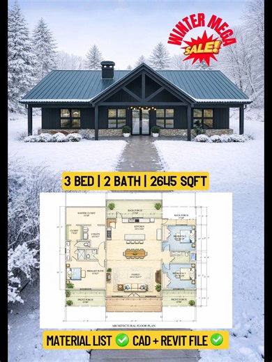Modern barn house on Instagram: "🏡 Craftsman Dream Home Alert! This 56x46 Craftsman House Plan features 3 bedrooms, 2 bathrooms, and 2645 sq.ft. of beautiful single-story living. Perfect for families, country homes, or rental builds. 💥 Limited-Time Offer: Only $199 📐 Includes full PDF plans, CAD files & material list 🔗 View details & download: https://dreamhomeplans.com/products/plan-2512S"