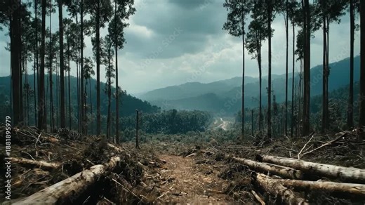 Desolate Landscape Showcasing the Effects of Deforestation with Stumps of Trees in a Sweeping Mountain View Under Dramatic Cloudy Sky