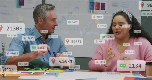 Team tapping markers and checking swatches on table, causing animated metrics growing for design