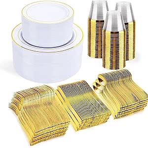 WELLIFE Gold Disposable Dinnerware Set for 100 Guests - 600PC BPA-Free Plastic Plates & Cutlery Kit with 100 Dinner Plates, Salad Plates, Forks, Knives, Spoons & Cups for Party, Catering (Heavy-Duty)